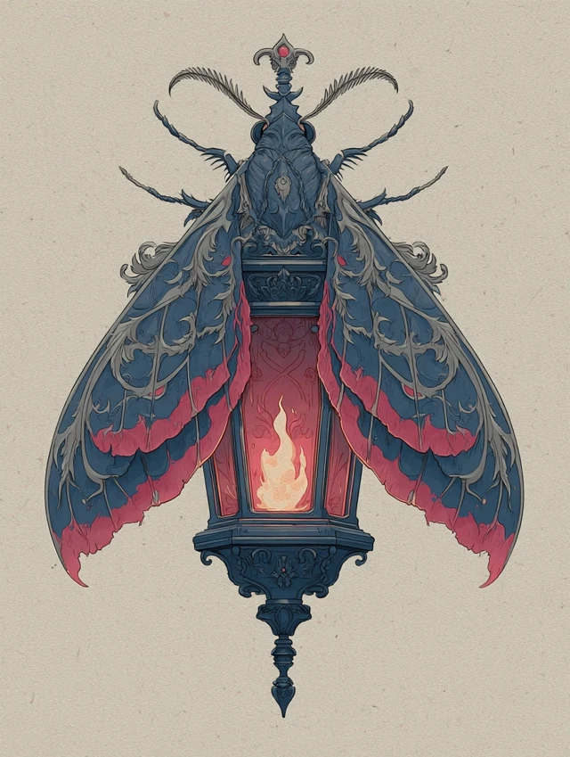 Gothic Moth and Lantern Tattoo Flash Art