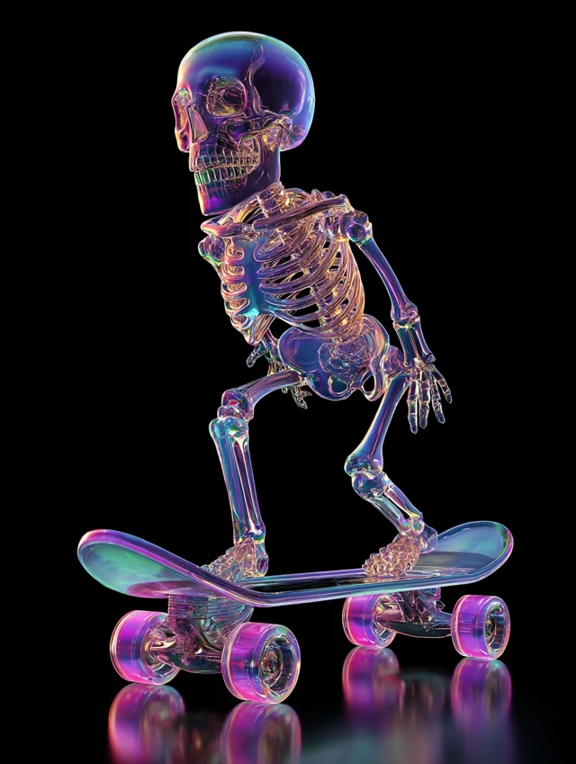 Cute 3D Skeleton on Skateboard Vibrant Colors