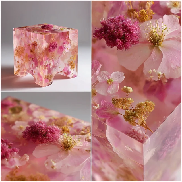Pink Resin Side Table with Embedded Dried Flowers