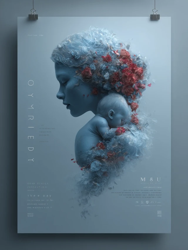 Mothers Day Poster: Mother and Baby, Roses, Elegant Design