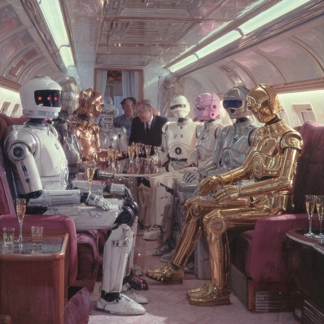 Robots Partying in a 1980s Private Jet