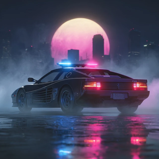 80s Synthwave Police Car in a Neon City