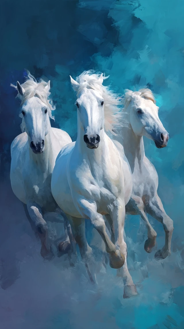 White Horses Running Abstract Blue Background