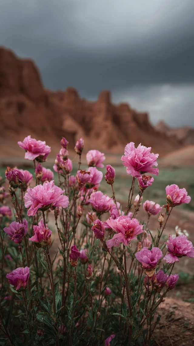 Pink Flowers in Gobi Desert Landscape