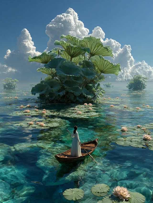 Surreal Island of Lotus Flowers Woman in Boat