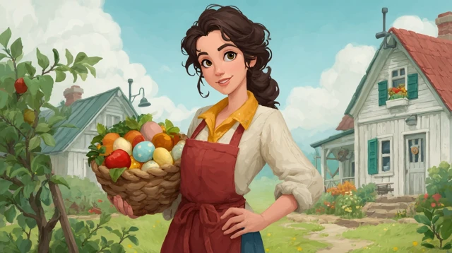 Farm Game Banner Woman with Easter Eggs