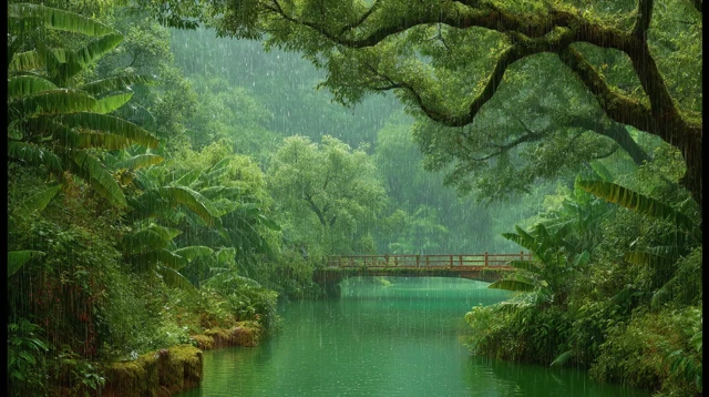 Summer Rain Forest Landscape with Lake and Bridge