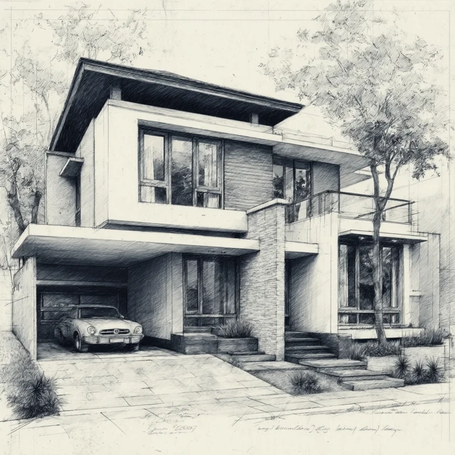 Modern Bauhaus House Sketch Concept Drawing