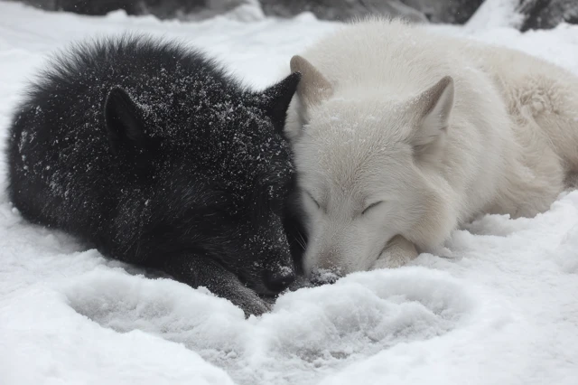 Black and White Wolves Sleeping in the Snow