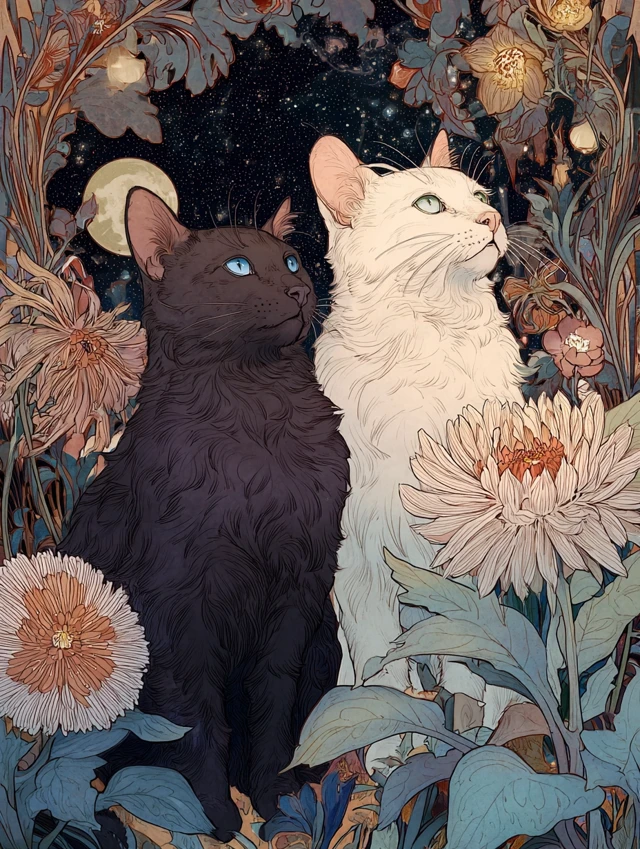 Art Nouveau Cats in Moonlight Painting by Alfons Mucha
