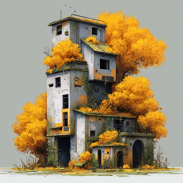 Overgrown Building in Solarpunk Style Autumn Foliage