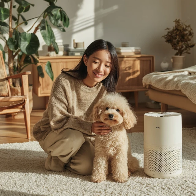 Woman with Puppy in Bright Modern Living Room