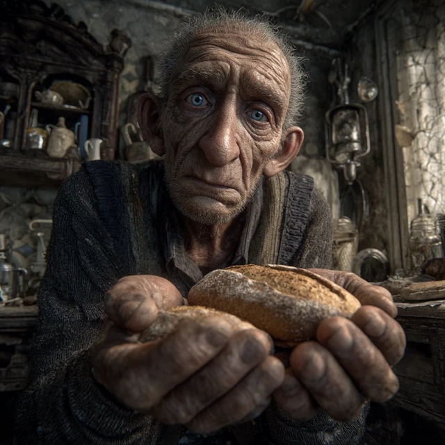 Old Man Offers Bread, Hyperrealistic Portrait