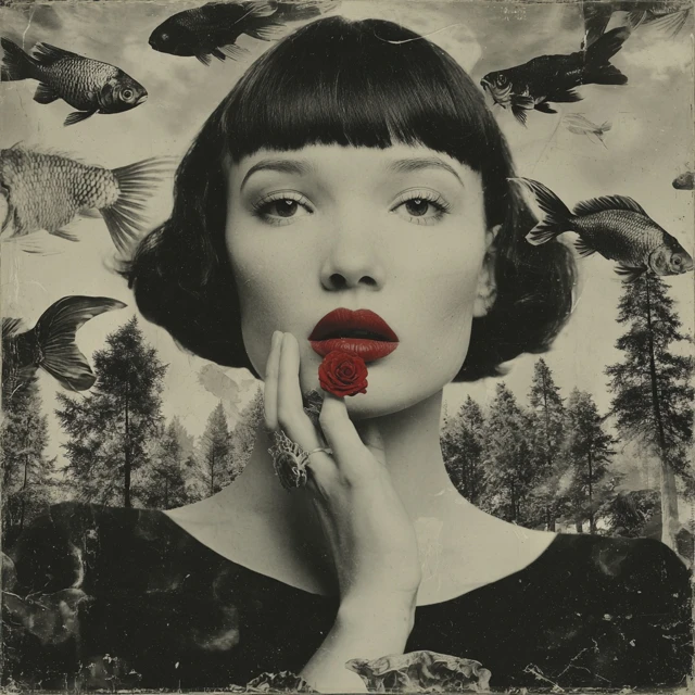 Woman with Red Rose and Fish Surreal Art