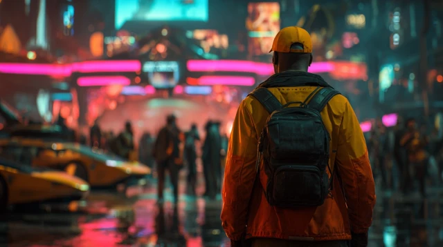 Cyberpunk Ape at Casino Entrance