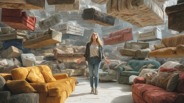 Woman in a Room Full of Sofas