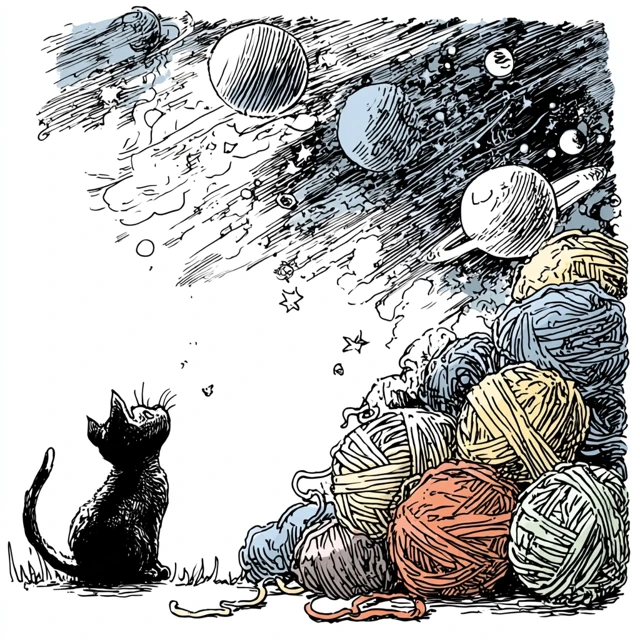 Cartoon Cat and Yarn Universe Illustration