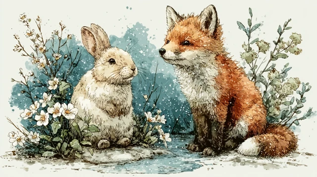 Fox and Rabbit Playtime Watercolor Illustration