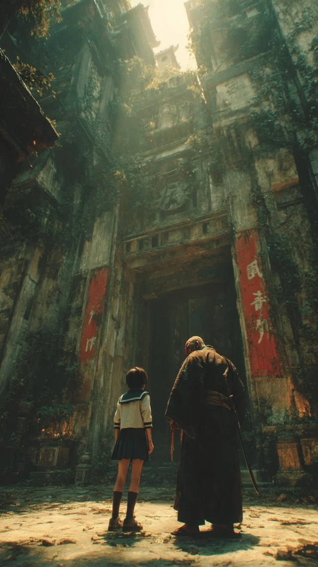 Japanese Schoolgirl and Ghost Hunter in Ancient Temple
