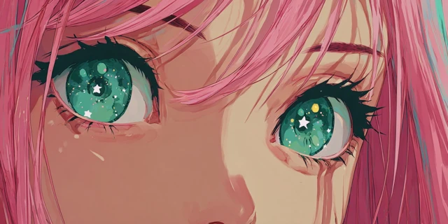 Anime Eyes with Pastel Pink Hair and Teal Green Eyes