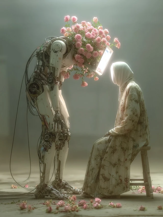 Robot Embraces Woman Surreal Cinematic Shot