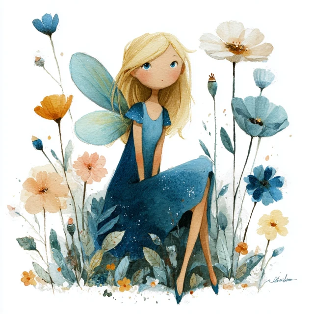 Fairy in Blue Dress Watercolour Illustration for Children