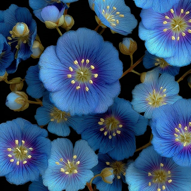 Elegant Flaxseed Flower Pattern Floral Design Blue and Black
