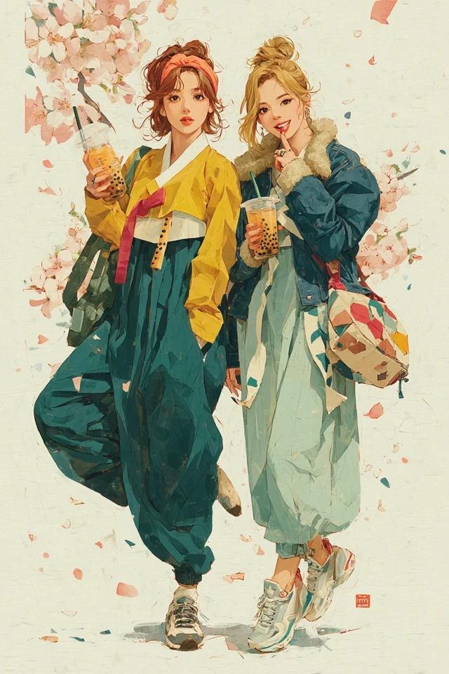 Korean Girls in Hanbok Fashion Illustration
