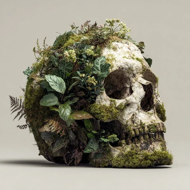 Skull Covered in Moss and Leaves Nature Art