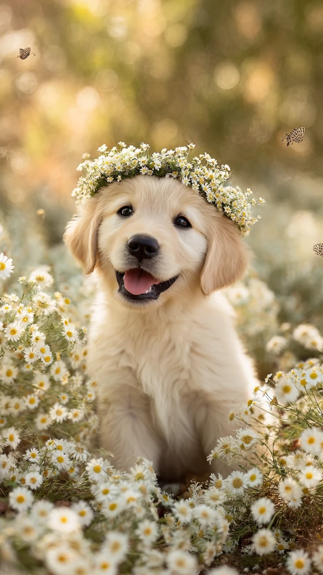 Golden Retriever Puppy with Flower Crown