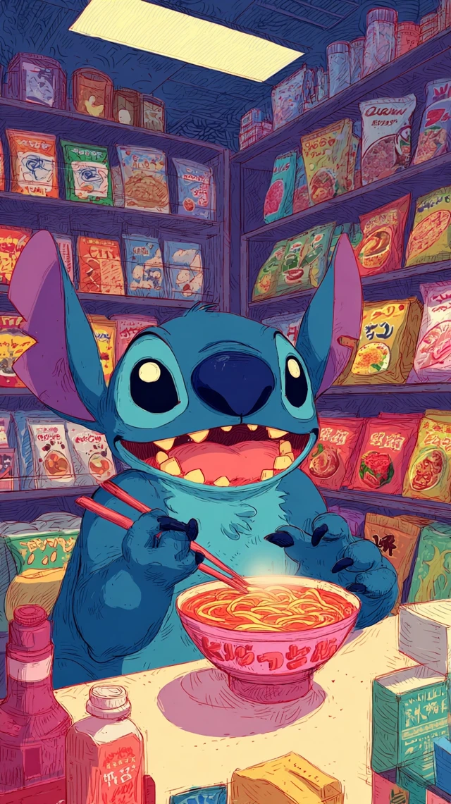 Stitch Enjoys Spicy Korean Ramen Cartoon Illustration