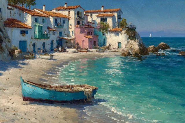Coastal Village Oil Painting Impressionist Art