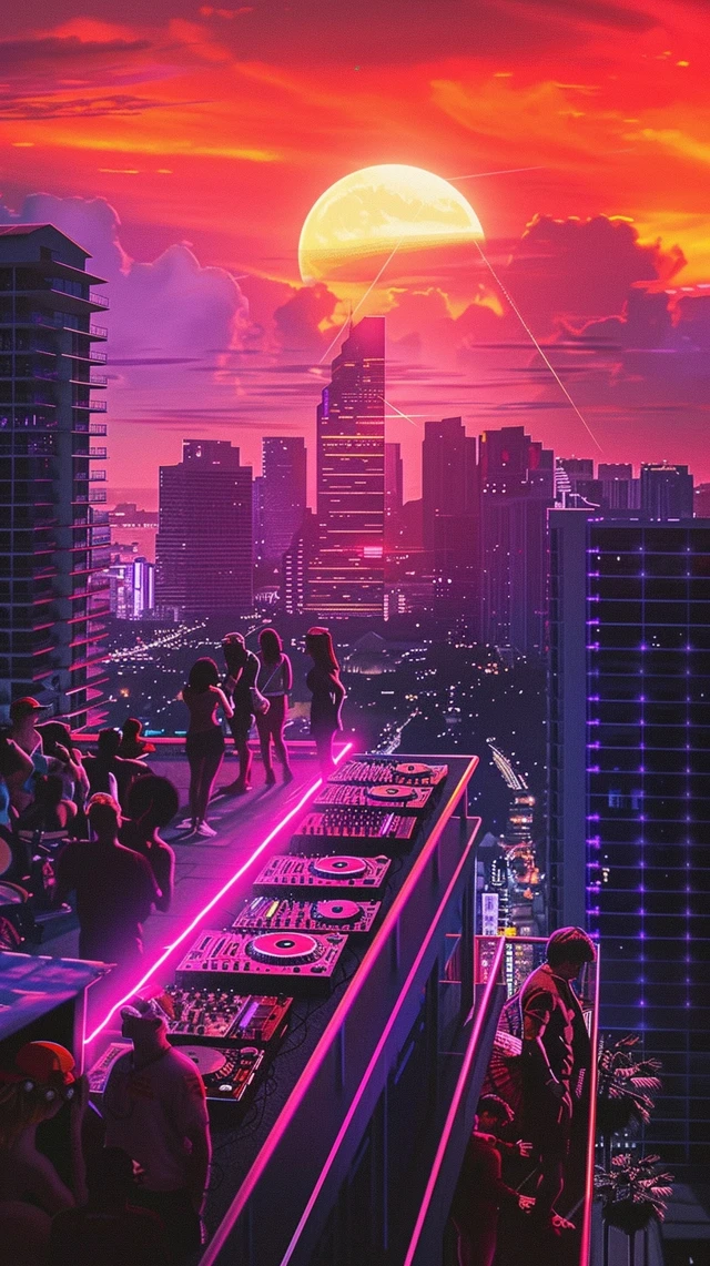 Synthwave Rooftop Party Miami 80s Vibe
