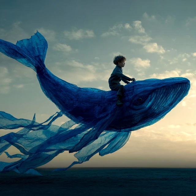 Boy Riding Plastic Whale Environmental Art