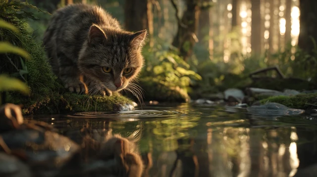 Cat at Riverside Peaceful Forest Scene