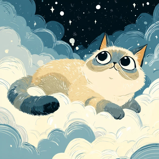 Cute Cat on Clouds Looking at Stars Pixar Style