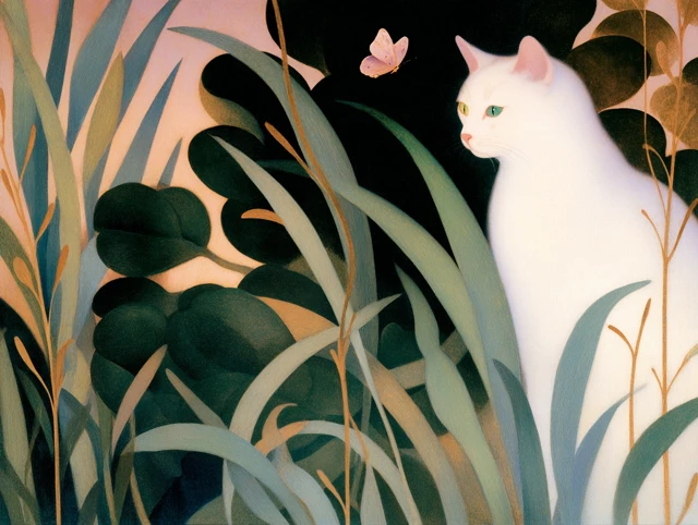 White Cat Chasing Butterfly Art