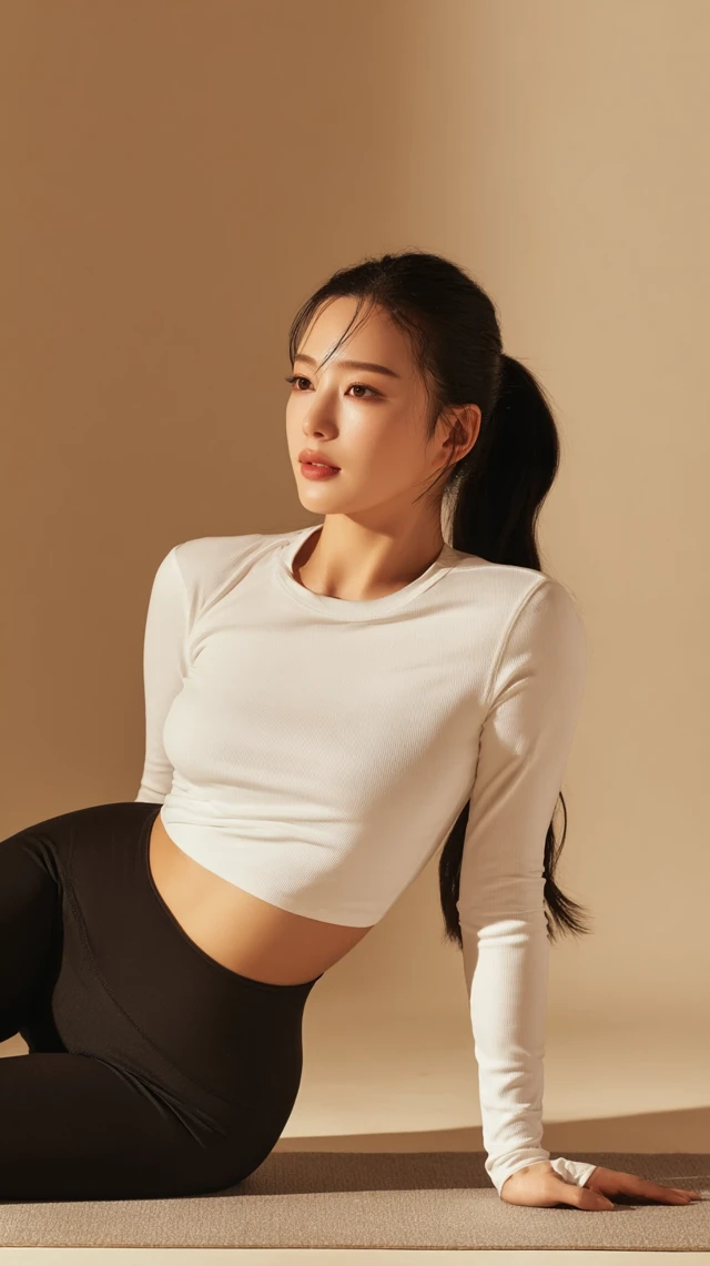 Korean Woman in Workout Clothes Posing on Yoga Mat