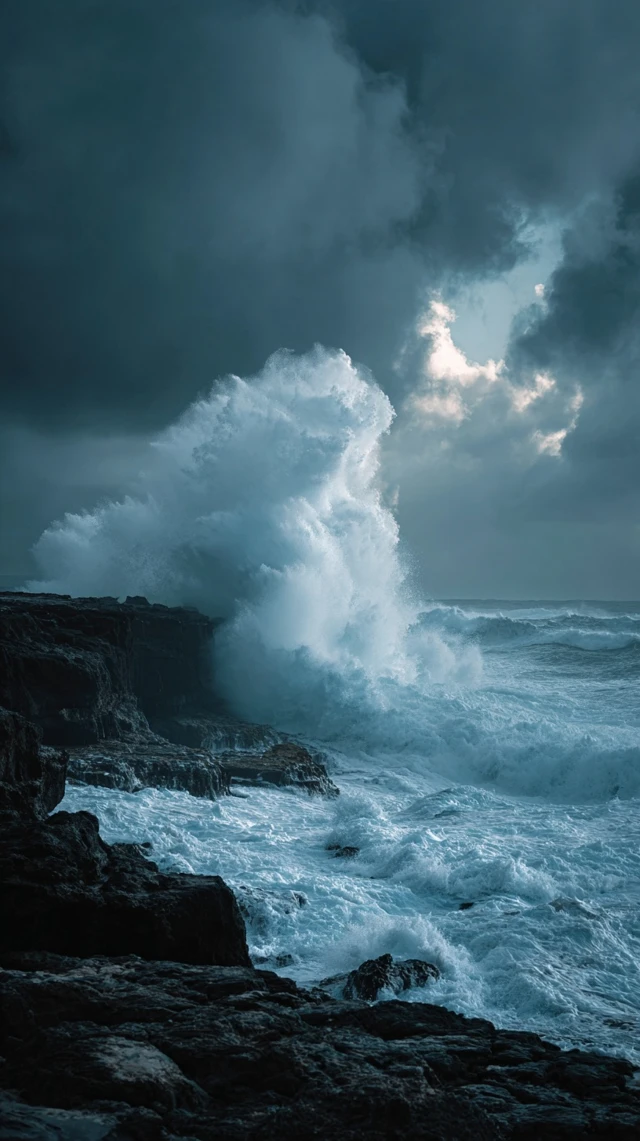 Stormy Coastal Scene Crashing Waves and Cliffs