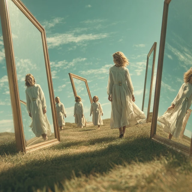 Woman in White Dress Walking Through Mirrors Surreal Scene