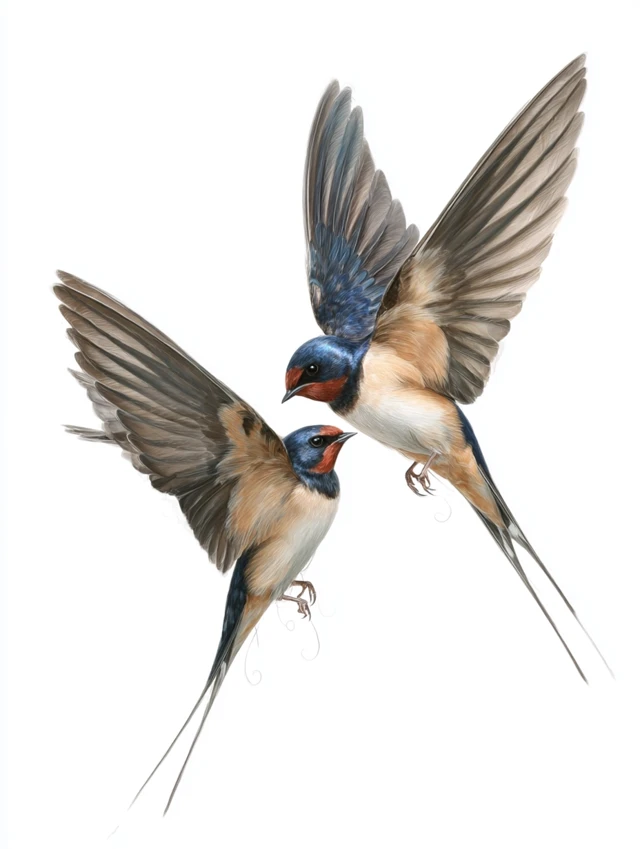 Barn Swallows in Flight Photorealistic Illustration
