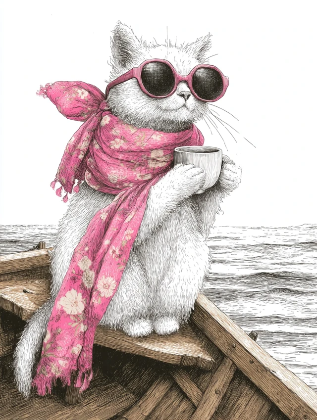 Cat at Sea Storybook Illustration