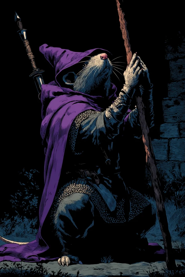 Rat Wizard in Armor Medieval Woodcut Illustration