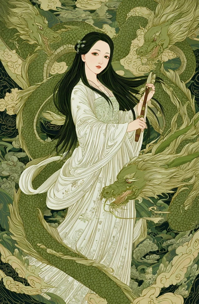 Ancient Beauty and Dragons Chinese Illustration