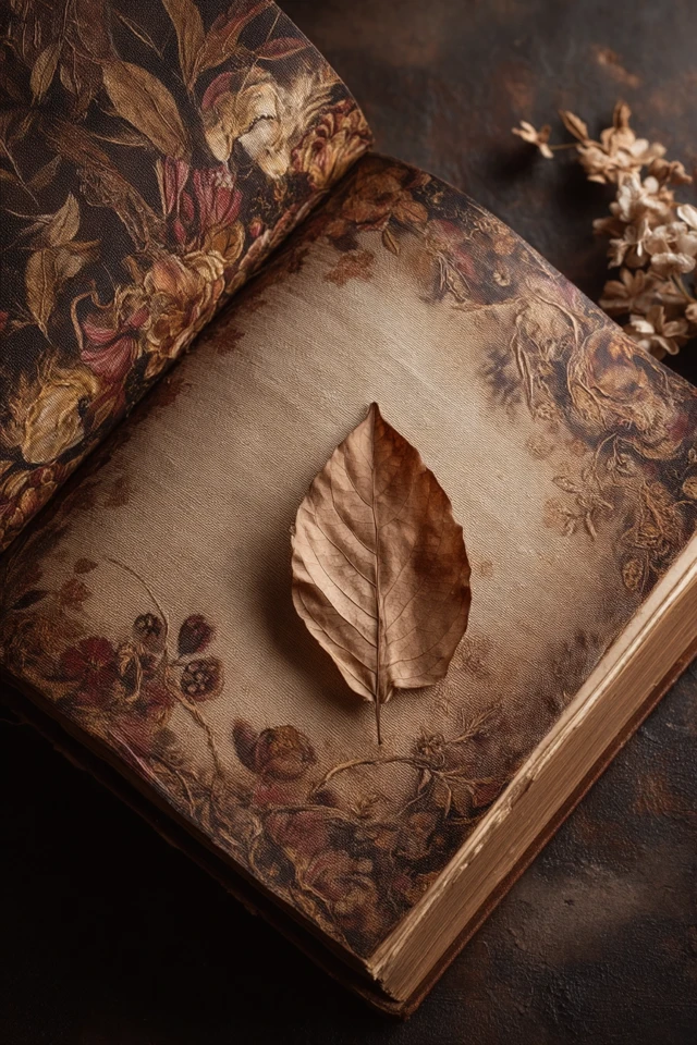 Vintage Book with Floral Design and Dried Leaf