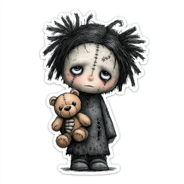 Gothic Doll Boy Sticker with Teddy Bear Vector Art