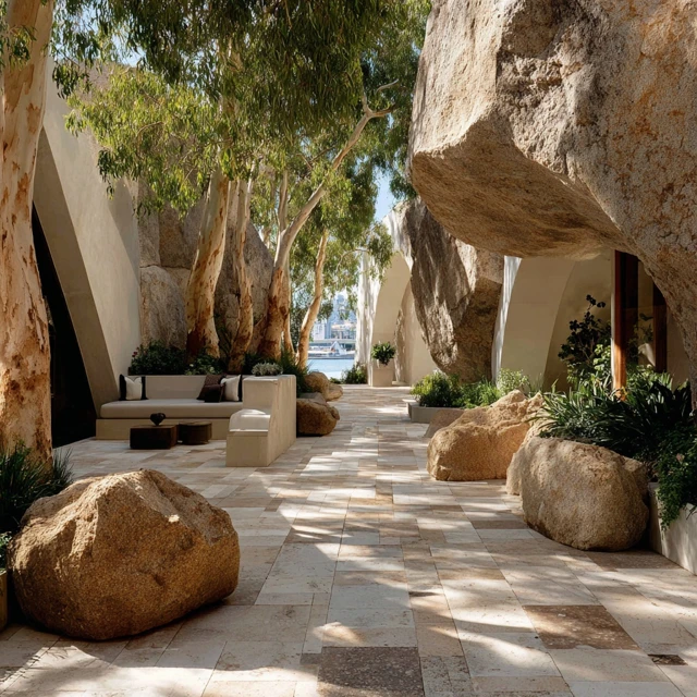 Outdoor Garden with White Stones and Dancing Trees