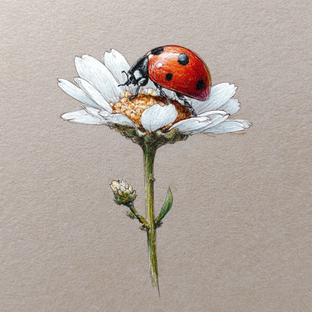 Ladybug on Daisy Detailed Watercolor Pencil Drawing