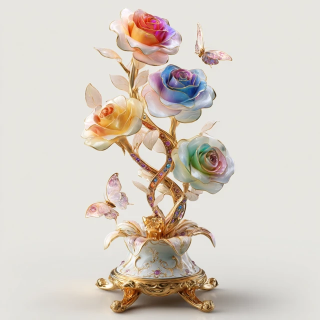 3D Rainbow Rose Sculpture on Pedestal