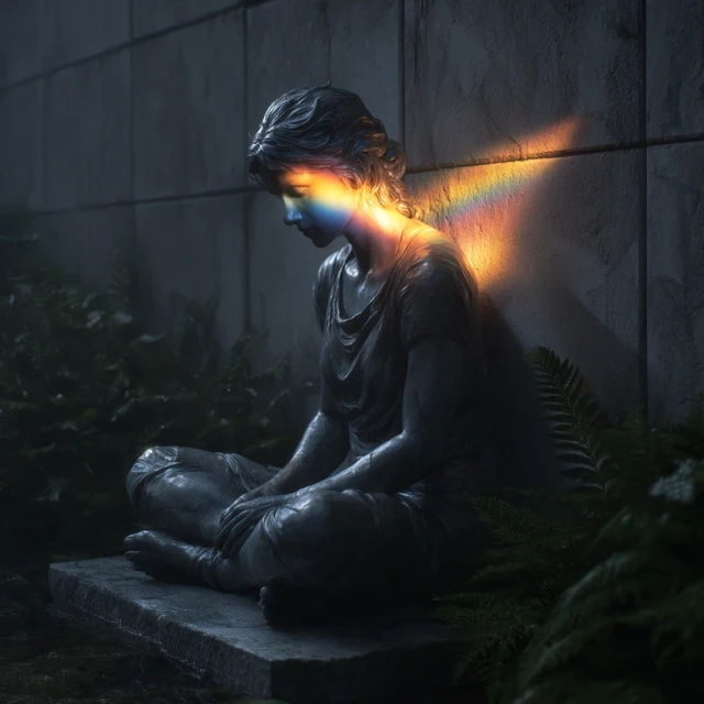 Woman Statue with Rainbow Light